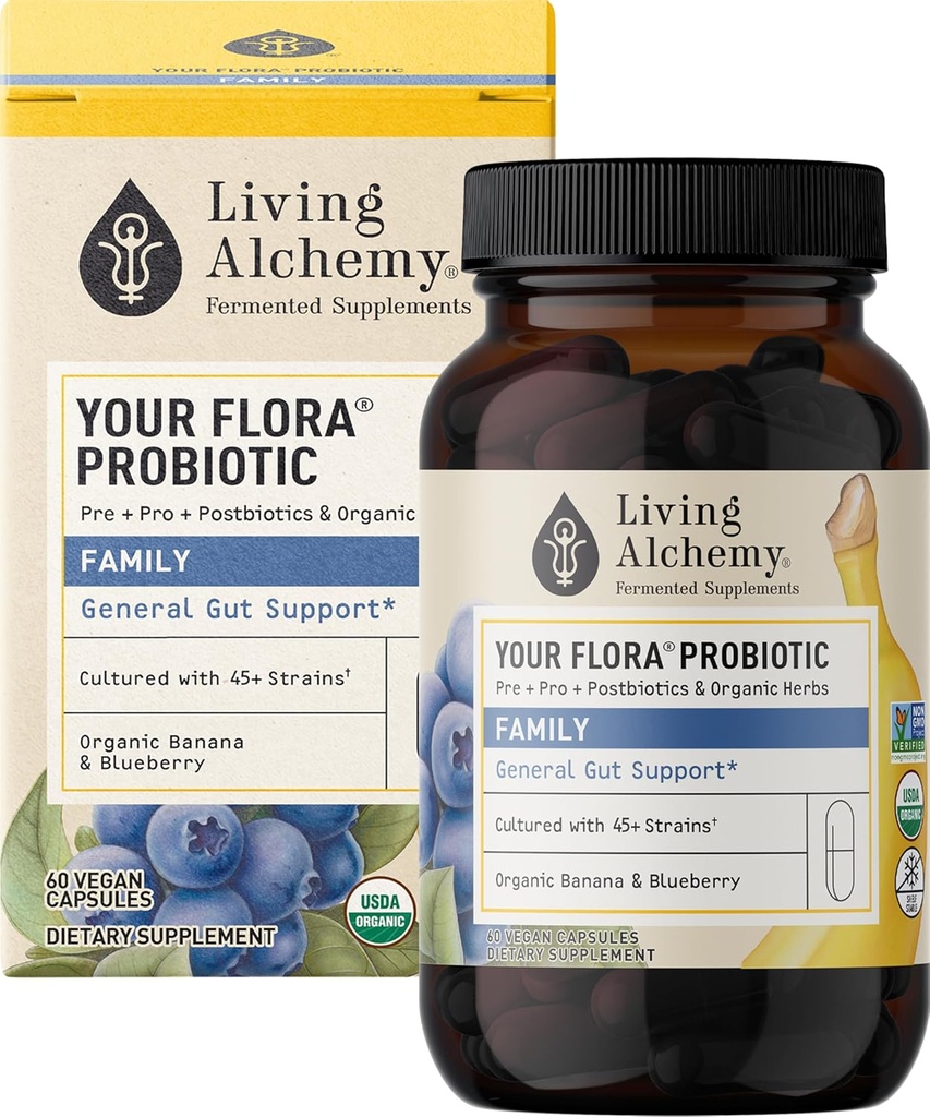 Votre famille de probiotiques Flora – Probiotiques non OGM avec du soja fermenté, de la banane et des bleuets pour la digestion et le soutien de la gorgée – Prébiotiques, postbiotiques, enzymes digestives – Alchimie vivante, 60 capsules