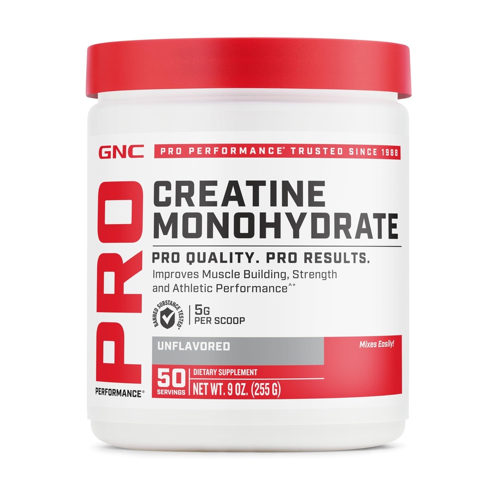 GNC Pro Performance Creatine Monohydrate Powder for Women & Men, 5g Creatine Per Serving, Muscle Building, Energy Production, Endurance, Performance, 50 Servings