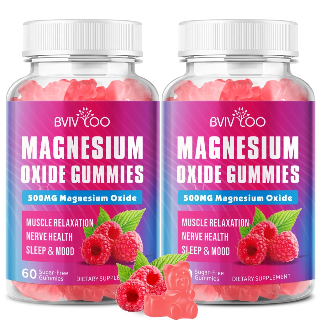 2 Pack Magnesium Oxide 500mg Gummies for Vegan Sugar-Free Raspberry Flavor, Muscle Recovery, Nerve Health & Relaxation, 120 Gummies (Non-GMO, Gluten & Allergen Free)