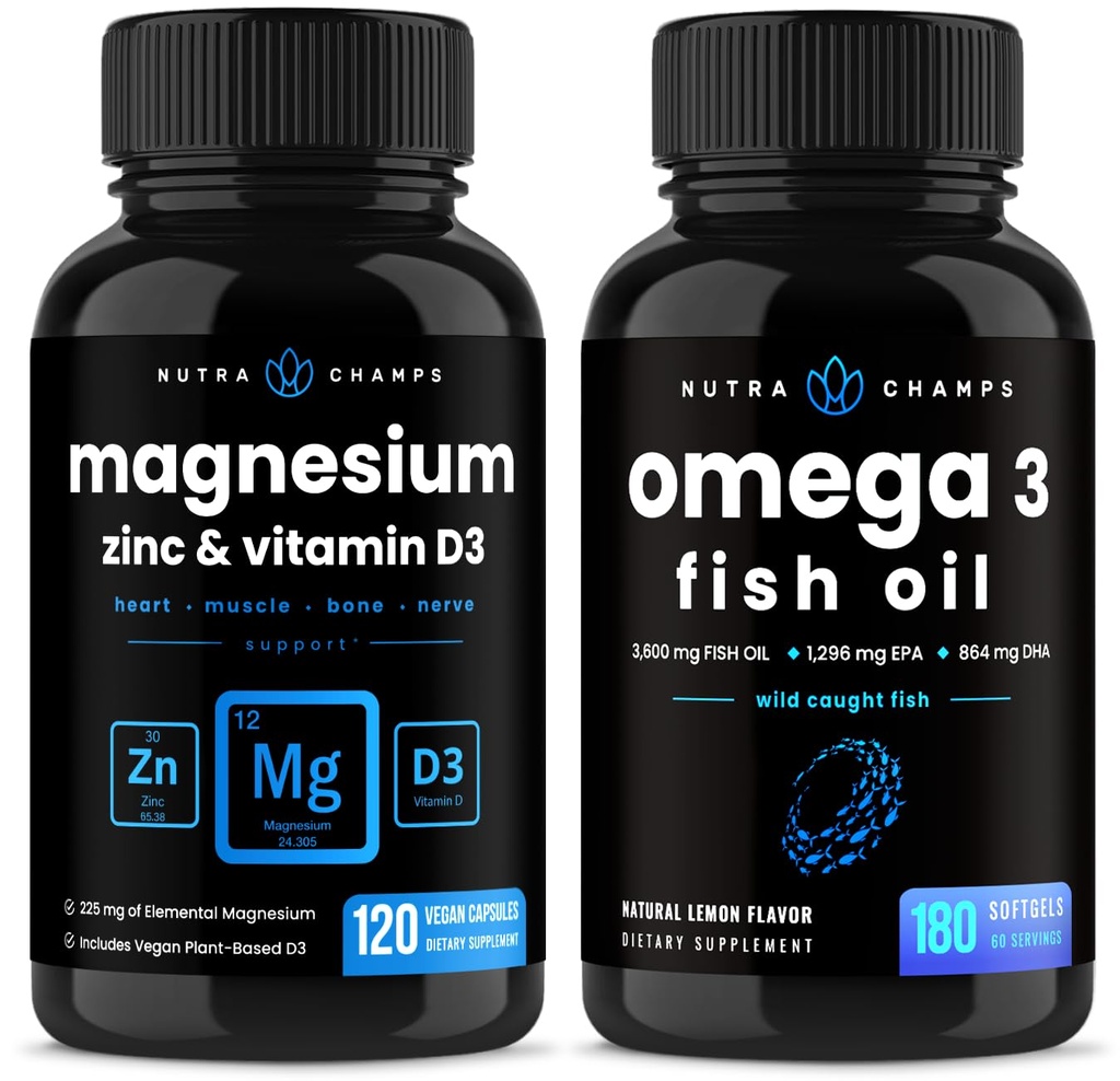 NutraChamps Magnésium Zinc & Vitamine D3 Capsules et Omega 3 Huile de poisson Capsules 2 Pack