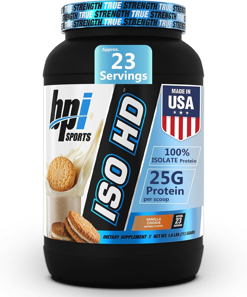 BPI Sports en poudre de protéines isolées ISO HD – 100% d'isolat de lactosérum, poudre de protéines pour le gain musculaire - Cookie Vanilla - 1,6 Lb - 23 portions