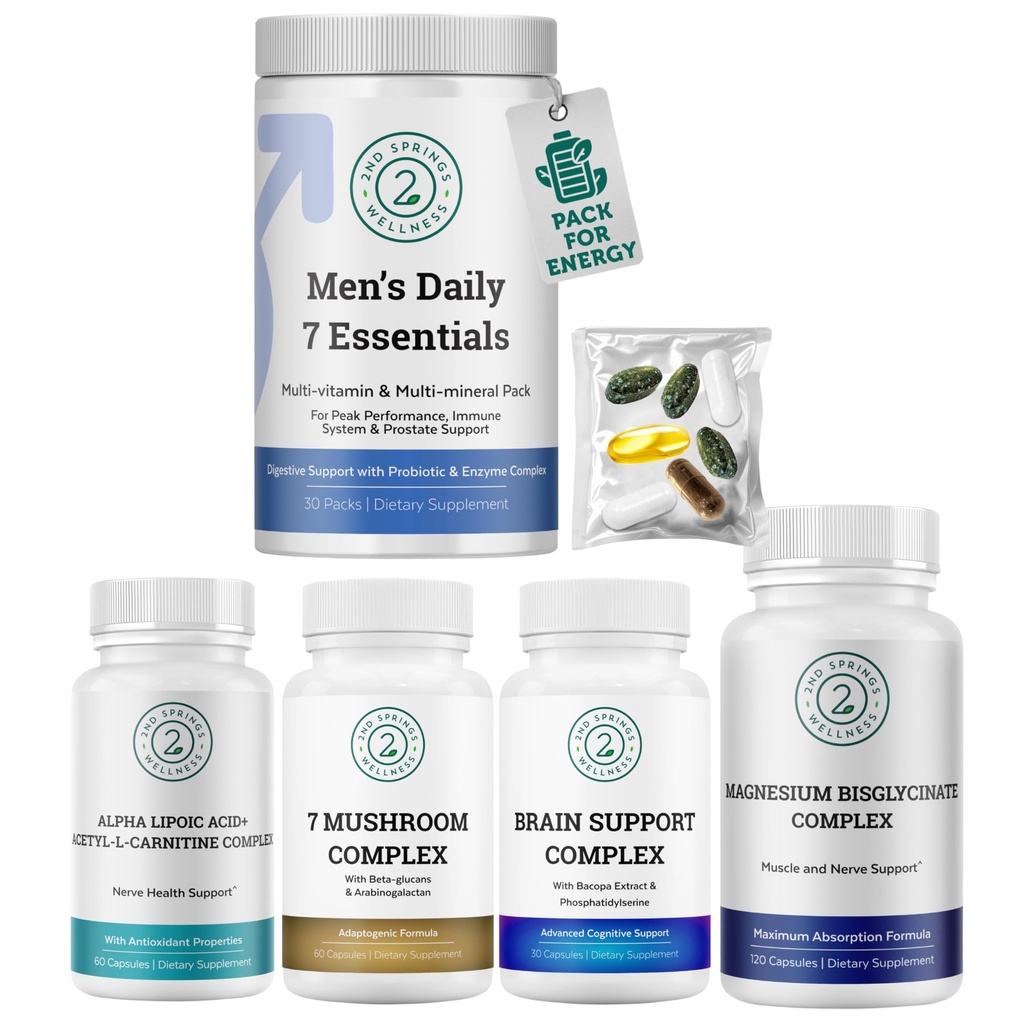 Men’s Daily 7 Essentials + ALA & ALC Complex + 7 Mushroom Complex + Brain Support + Magnesium Bisglycinate Bundle | Energy, Focus, Immunity, Strength, Cognitive Support & Daily Wellness