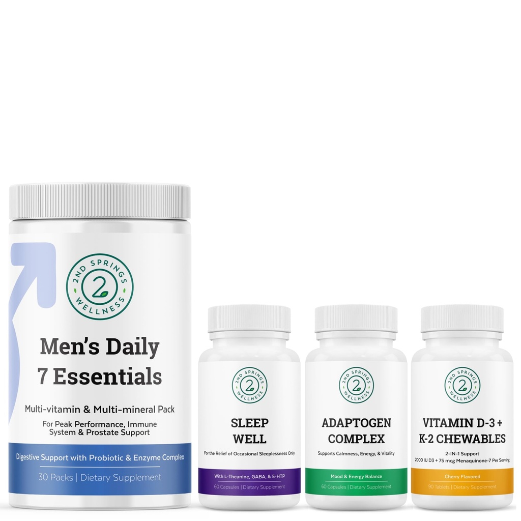 Men's Daily 7 Essentials, Sleep Well, Adaptogen Complex & Vitamin D3+K2 Chewables Bundle