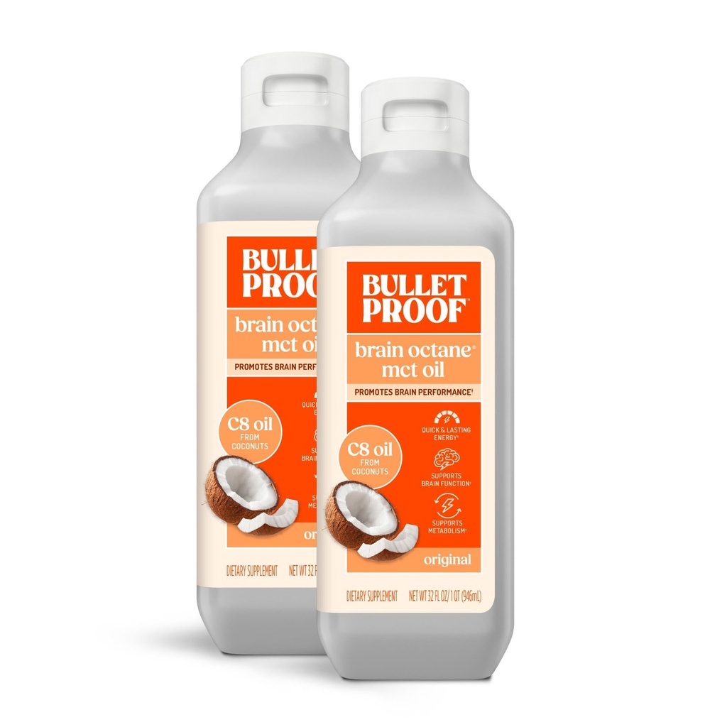 Brain Octane C8 MCT Oil, 32 onces (paquet de 2), supplément kéto pour l'énergie soutenue et le métabolisme, emballage mai Vary