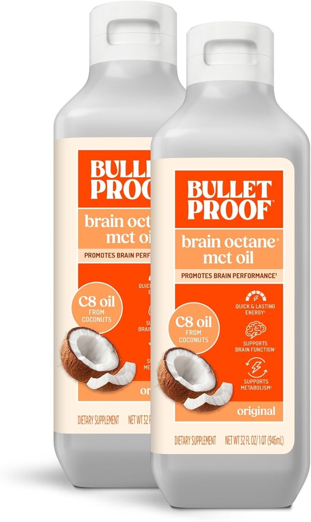 Bulletproof Brain Octane C8 MCT Oil, 32 Ounces (Pack of 2), Keto Supplement for Sustained Energy and Metabolism Support, Packaging May Vary
