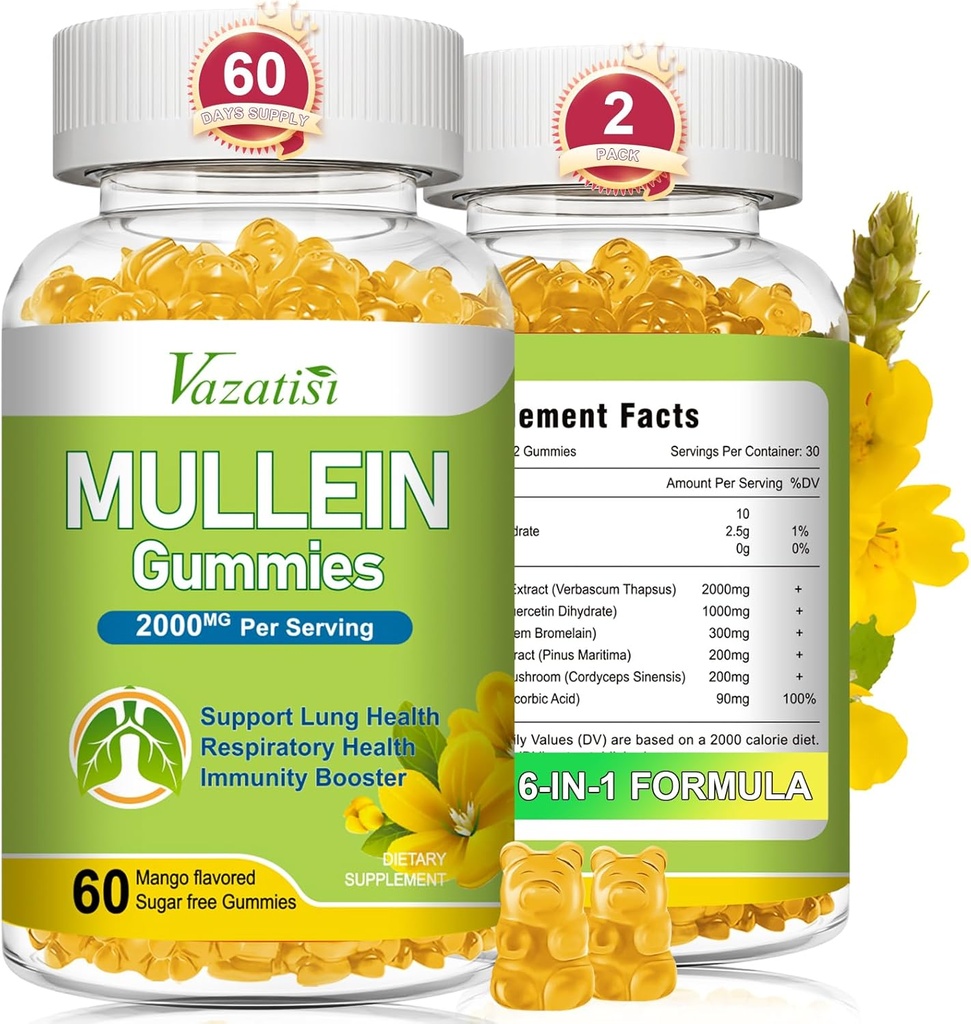 Mullein Gummies, Mullein Leaf Extract avec Bromelain, Quercetin, Pine Bark Support Lung Cleanse pour respirer sainement, 120ct
