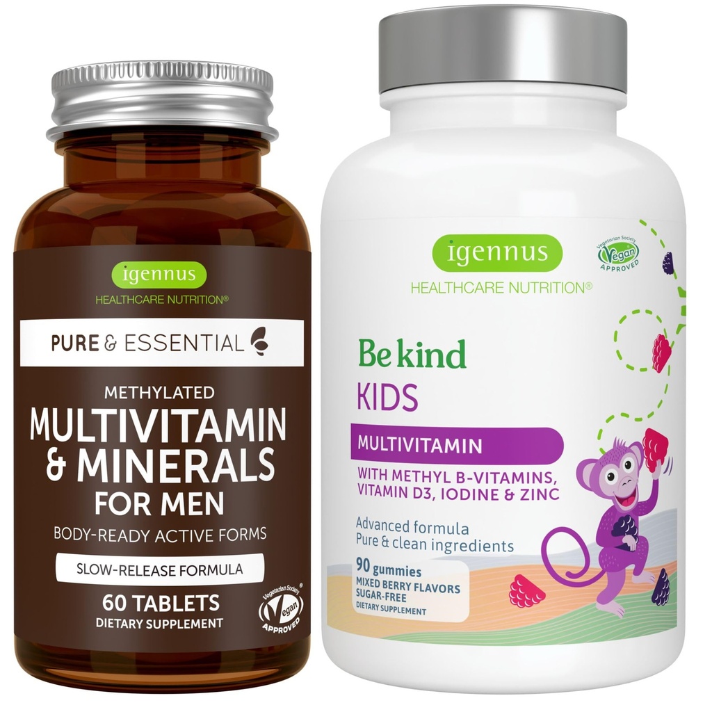 Multivitamine & Minéraux pour les hommes + Avancés Enfants Multivitamine Gummy Végétalienne, avec des vitamines B-Vitamines méthylées, vitamine A, C, D3 & E, label propre, 60 comprimés + 90 Gummées de baies, par Igennus