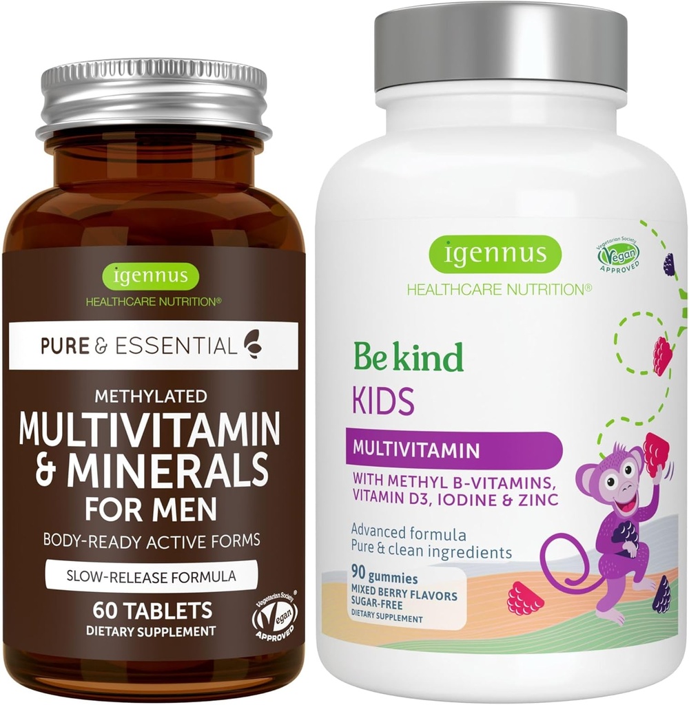 Multivitamine & Minéraux pour les hommes + Avancés Enfants Multivitamine Gummy Végétalienne, avec des vitamines B-Vitamines méthylées, vitamine A, C, D3 & E, label propre, 60 comprimés + 90 Gummées de baies, par Igennus
