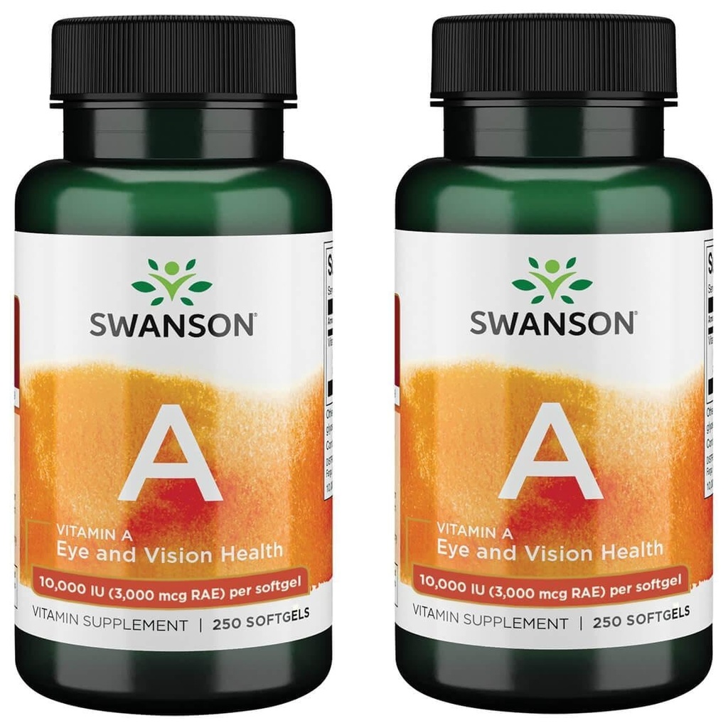 Swanson Vitamine A 10 000 UI (3 000 mcg RAE) Nourriture naturelle pour os, santé de la peau, soutien de la vision et fonction du système immunitaire - Haute absorption Vitamine A 250 Softgels (2 pack)