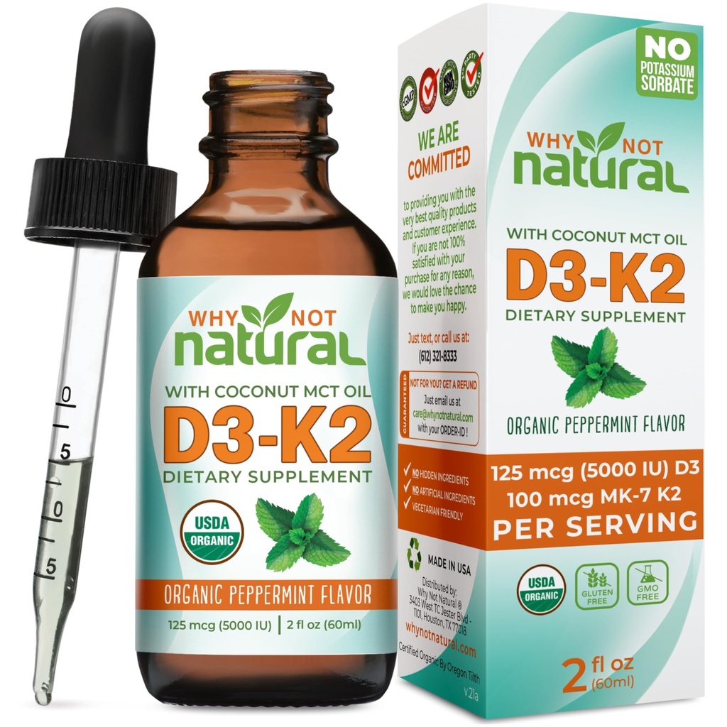 Pourquoi pas la vitamine biologique naturelle D3 K2 (MK-7) gouttes liquides, 5000 UI de D3 sublingual avec huile de noix de coco MCT, pour les os et les dents forts, le coeur et le soutien immunitaire