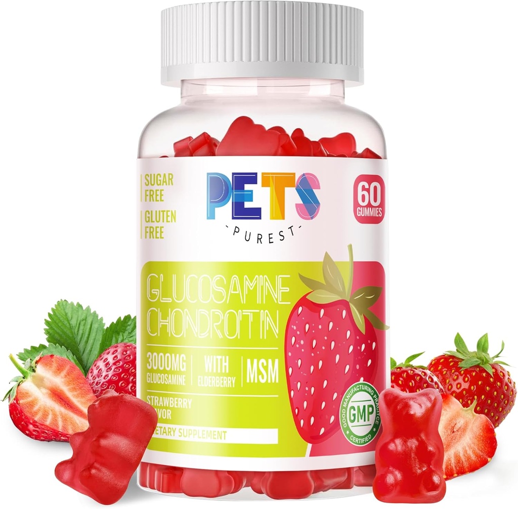 Animaux Purest Glucosamine Chondritin Gommies avec MSM & Elderberry Extra Strength - Joint Support, Antioxydant Immuni Support Supplément pour Adultes, Hommes et Femmes. Fraises