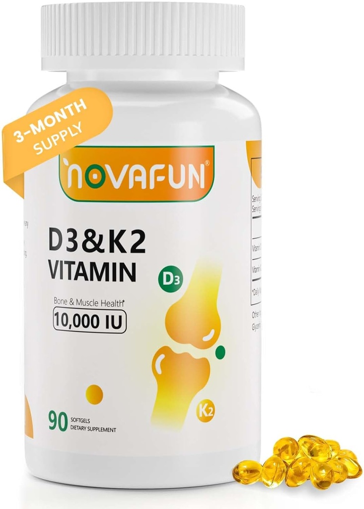 D3-K2-Vitamine-10000 UI= K2-D3-Vitamine-Supplement= avec de l'huile de coco pour les os, la santé des dents, le soutien de la santé musculaire et cardiaque, 90 Softgels