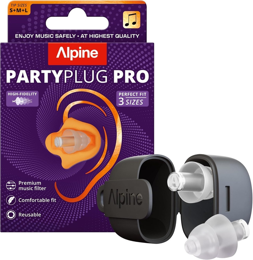 Alpine PartyPlug Pro | Concert Ear Plugs | High Fidelity Earplugs | Ear protection for concert, party, music & rave |Hi-Fi acoustic filters | 3 Tip sizes (S/M/L) | 21dB SNR | Transparent