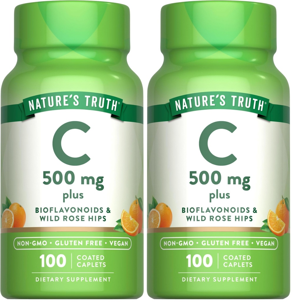 Nature's Truth Vitamin C with Rose Hips and Bioflavonoids | 500mg | 100 Caplets | Vegan, Non-GMO & Gluten Free (Pack of 2)