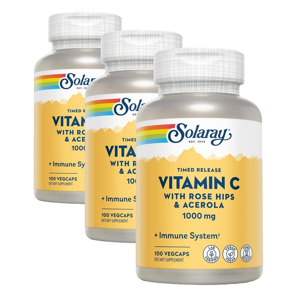 SOLARAY Vitamin C 1000mg - Time Release Vitamin C Capsules w/Rose HIPS and Acerola for Bioflavonoid Support - Two-Stage, All-Day Immune Support - Vegan, 60 Day Guarantee (Pack of 3)