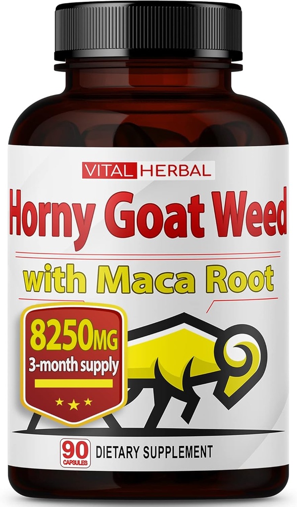 Capsules d'herbes essentielles Horny Goat pour une résistance maximale avec la racine de Maca Tribulus Ashwagandha Tongkat Ali Panax Ginseng pour hommes femmes, Boost Energy (90 comte (paquet de 1))