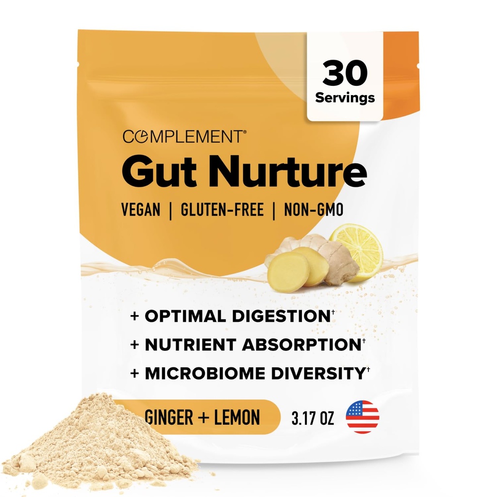 Complement Gut Nurture Prebiotic + Postbiotic Superfood Powder for Leaky Gut Repair, Probiotics for Digestive Health - Ginger Root - 30 Servings