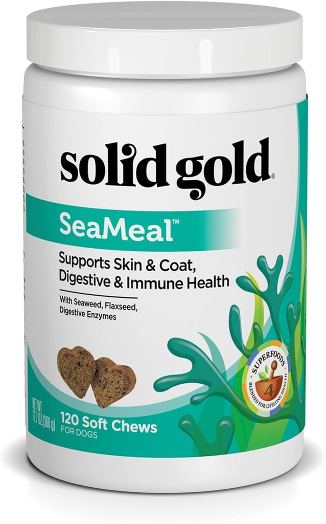 Cuillère multivitamines de chat et de chien en or massif - Kelp, Omega 3 et vitamines pour la santé dentaire, digestif, immunitaire, de la peau et du manteau - Multivitamines pour chiens et chats - Cuillère molle à base de Kelp de mer pour tous les âges - 120ct
