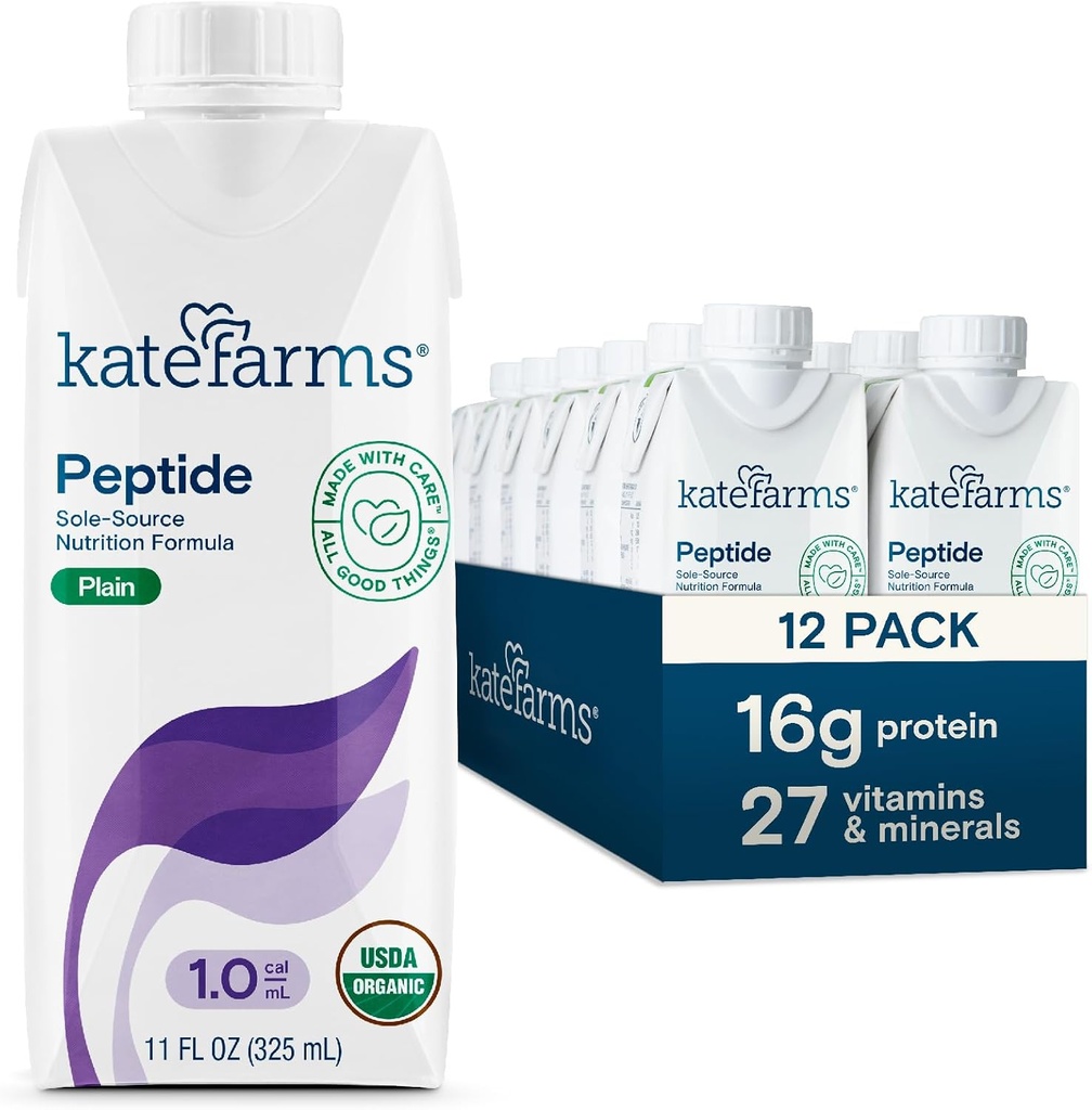 KATE FARMS Peptide pour adulte biologique 1.0 Formule, pure, seule, hydrolysée à base de plantes pour l'alimentation orale ou en tube, 11 Fl oz (12 Pack)