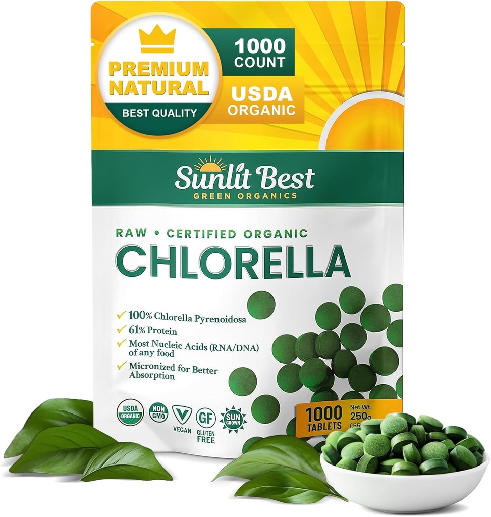 Sunlit Best USDA Organic Premium Chlorella Comprimés 1000 Count.