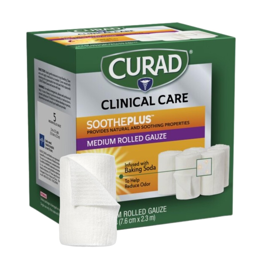 Curad SoothePlus Rolled Gauze with Arm & Hammer Baking Soda, 3" x 2.5 yds, 5 count (Pack of 1)