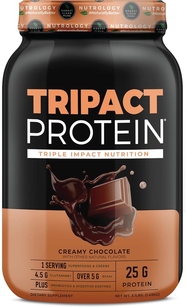 Nutrologie TRIPACT Poudre de protéines - 7-en-1 Remplacement des repas Shake with Grass Fed Whey Poudre de protéines, pois, riz, verts pour la récupération musculaire et l'immunité, chocolat crémeux aromatisé, 40 portions