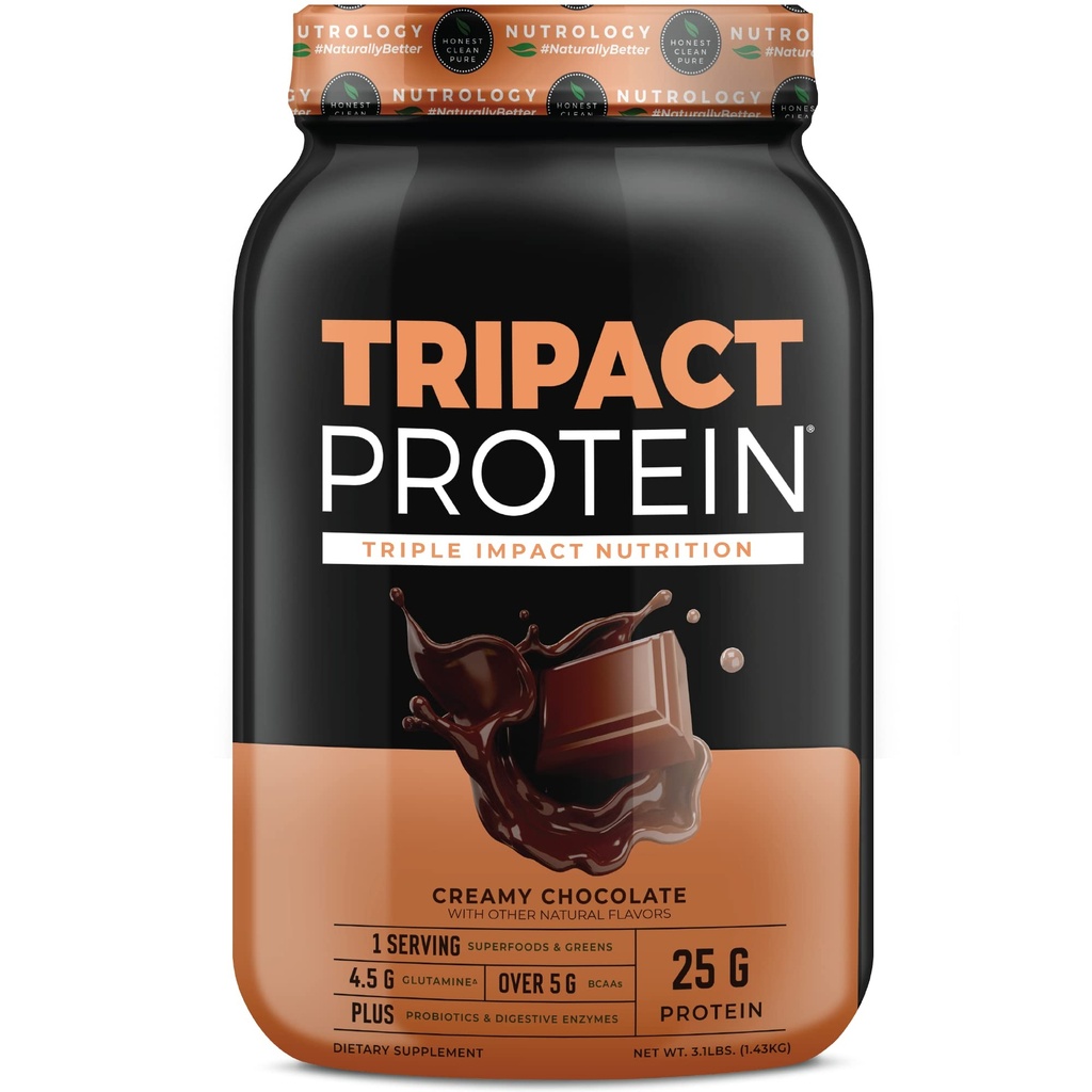 Nutrologie TRIPACT Poudre de protéines - 7-en-1 Remplacement des repas Shake with Grass Fed Whey Poudre de protéines, pois, riz, verts pour la récupération musculaire et l'immunité, chocolat crémeux aromatisé, 40 portions