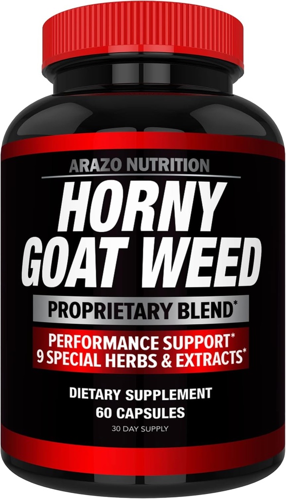 Arazo Nutrition Premium Extrait d'herbe de chèvre Horny avec racine de Maca, Ginseng, Muira Puama et L-Arginine - pour les hommes et les femmes – Supplément nutritionnel 100% à base de plantes pure