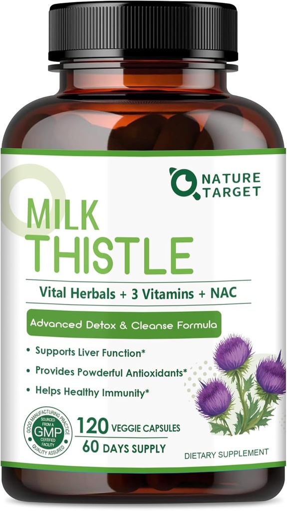 NATURE TARGET Milk Thistle Supplement for Liver Cleanse Detox & Repair, Support Supplement with 350mg of 30:1 Milk Thistle Extract Equivalent to 10500mg, 120 Veggie Capsules(60 Days Supply)