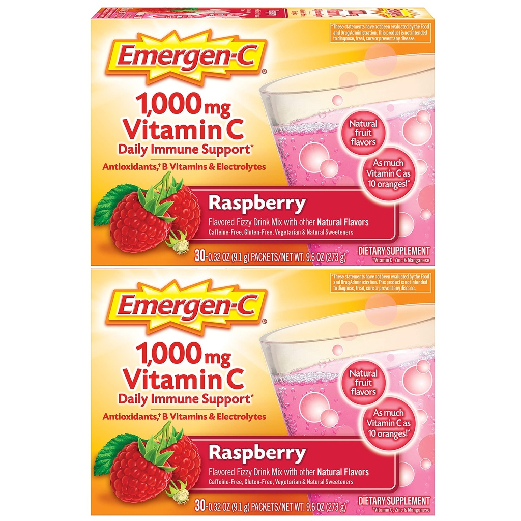 Emergen-C 1000mg Poudre de vitamine C, avec des antioxydants, des vitamines B et des électrolytes, suppléments de vitamine C pour le soutien immunitaire, mélange sans caféine, parfum framboise - 60 Count/2 mois d'approvisionnement