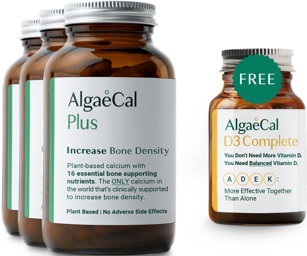 ALGAECAL Plus Bundle - 4-en-1 Vitamine D3 Complete & Red Algae Calcium avec 16 nutriments à base d'os, cliniquement pris en charge pour augmenter la densité osseuse et stimuler le système immunitaire
