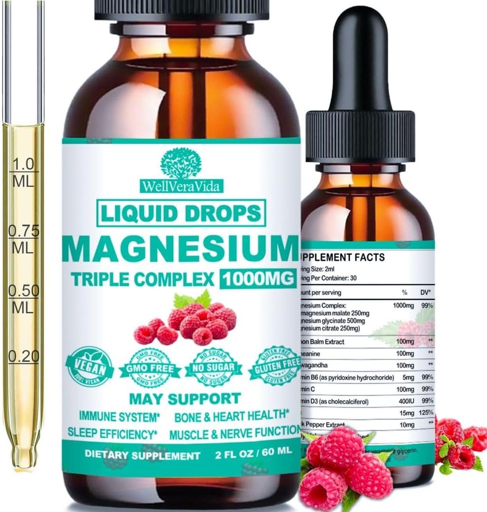 Complexe Triple de Magnésium, 500mg de Glycinat de Magnésium, Citrate & Malate w. Vitamine D3 K2, Formes Chélatées Haute Absorption, Complexe Liquide de Magnésium w/B6 Zinc pour os, Sommeil, Coeur, Énergie Nerveux