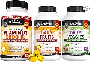 Supplément quotidien BioSchwartz Fruits et légumes pour les femmes et les hommes (2 mois d'approvisionnement) Vitamine D3 5000 UI 125 mcg (1 an d'approvisionnement)