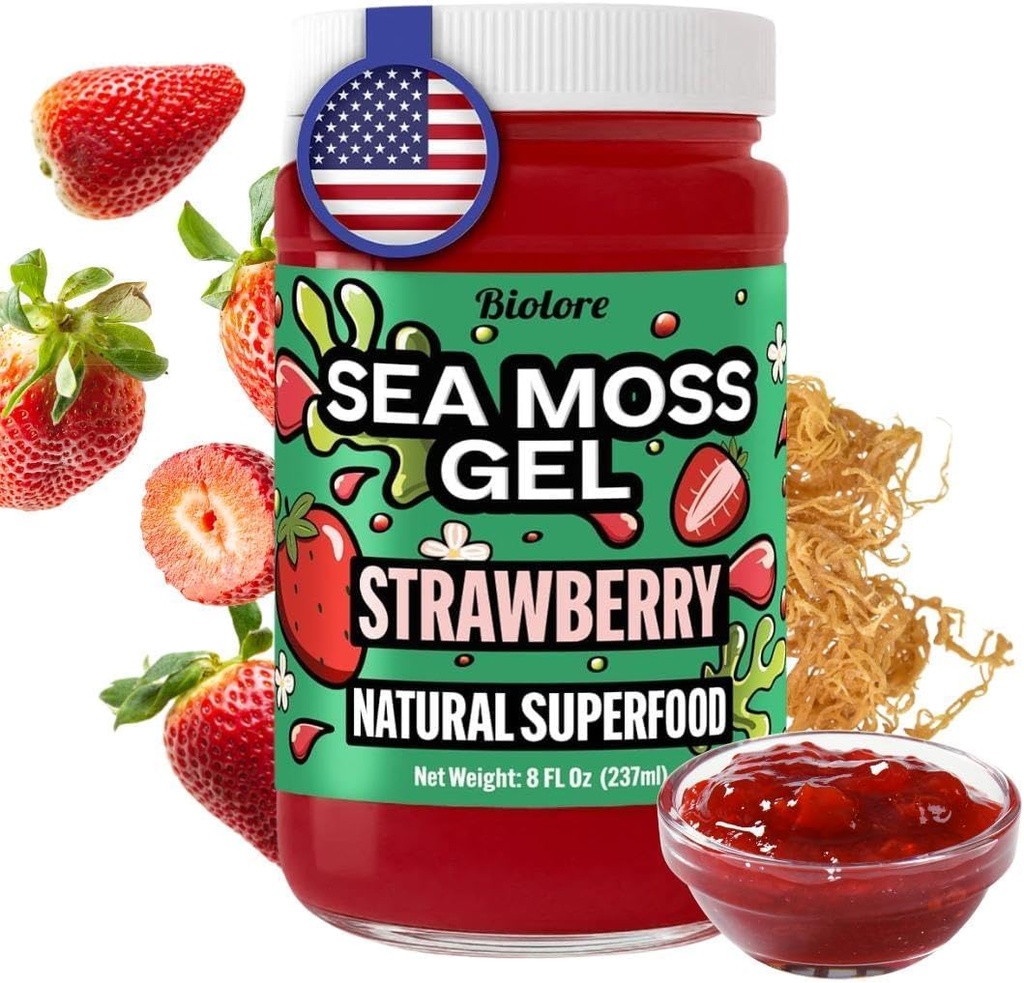 Gel de mousse de mer de fraise de biolore fabriqué aux États-Unis Seamos Irlandais cru, Vitamines essentielles, minéraux traces, super-aliments végétaliens, taille d'essai 8 Fl Oz (paquet de 1)