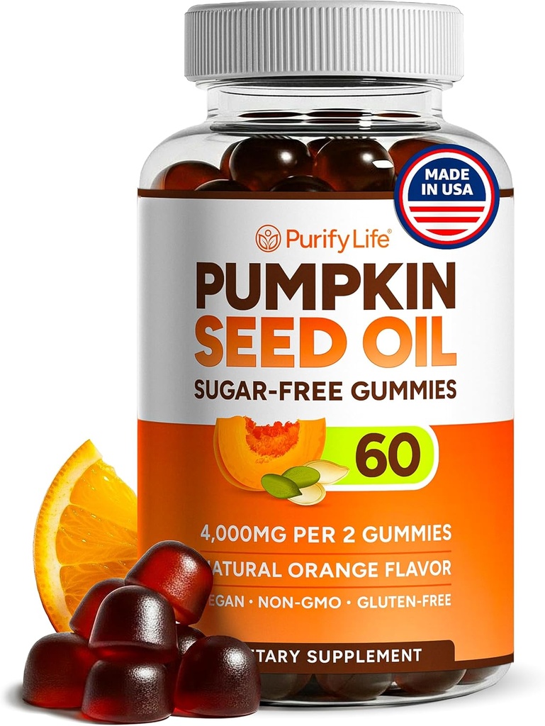 Sugar-Free Pumpkin Seed Oil Gummies (4,000mg/serving) Pumpkin Seed Oil for Hair Growth, Youthful Skin, Prostate Health, Immune & Urinary Tract Support-Natural Source of Essential Fatty Acids-60 Chews