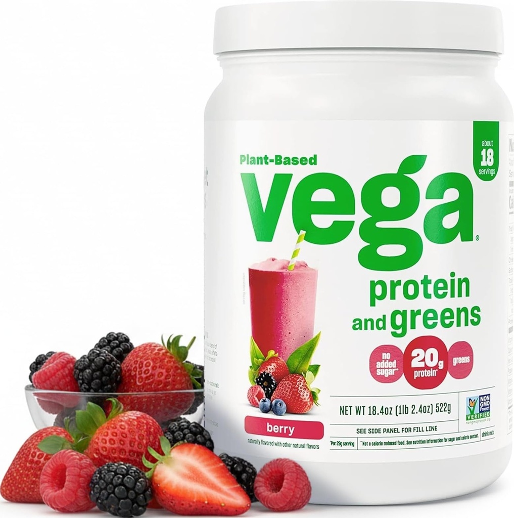 Vega Premium Protein + Supergreens, Berry – 20g Vegan Protein, Dairy & Gluten Free, 19.2 oz (18 Servings)