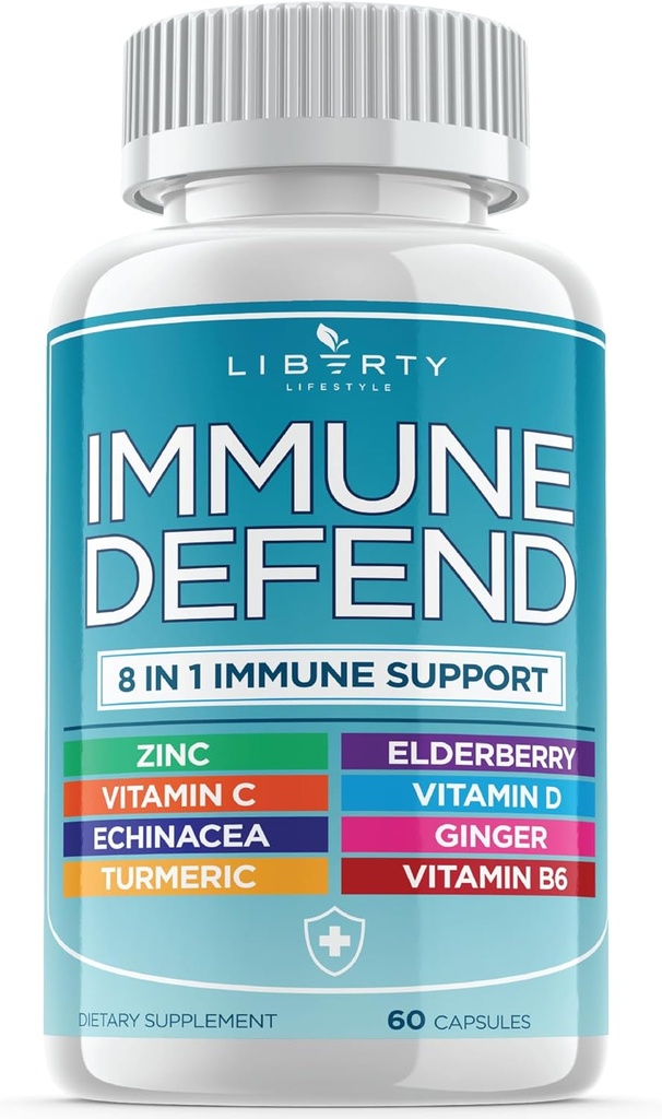 8 en 1 Immune Defense Support, Supplément Immunity avec Echinacea Zinc 50mg, Vitamine C, D3 5000 UI, Curcumine curcuma et gingembre, Echinacea - pour les enfants adultes (1 Pack)