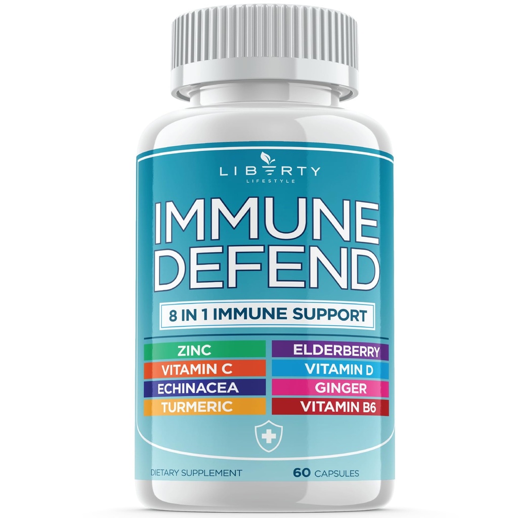 8 en 1 Immune Defense Support, Supplément Immunity avec Echinacea Zinc 50mg, Vitamine C, D3 5000 UI, Curcumine curcuma et gingembre, Echinacea - pour les enfants adultes (1 Pack)