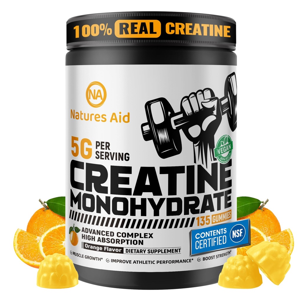 Natures Aid NSF Certified Creatine Gummy 5g - Creatine Monohydrate Gummies – Pre-Workout Energy & Muscle Growth Support for Men & Women | Orange Electrolyte Gummies (135 Count)