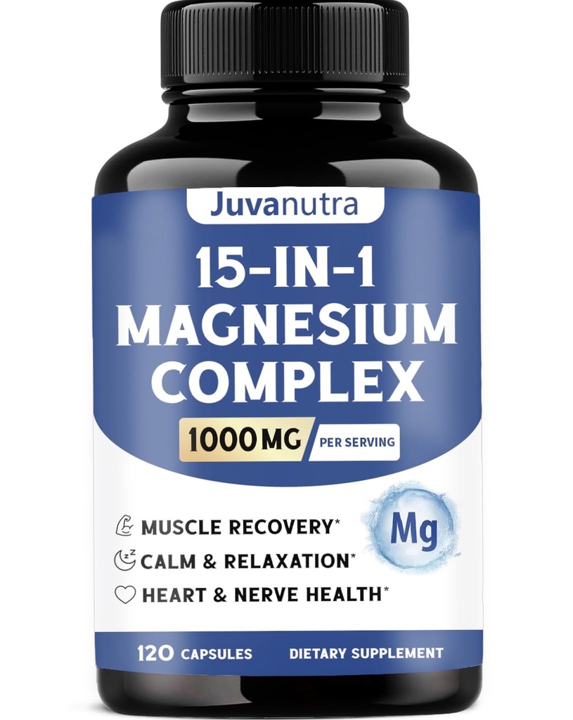 1000mg Magnesium Complex Supplement 15 Elemental | Magnesium Glycinate, Citrate, Malate, Taurate & Chelated for Easy Absorption | Muscle, Recovery & Energy | Vegan Non-GMO | 120 Capsules