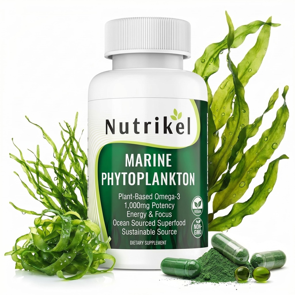 Supplément Phytoplancton Omega 3 Marine – Capsules d'algues à base végétale pour l'énergie, le focus et le soutien cellulaire – Superfood végétalien pour la santé du cerveau, du coeur et de la peau – 1000mg – 60 Capsules végétaliennes