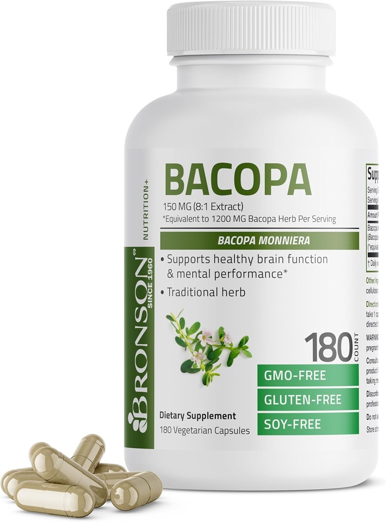 Bronson Bacopa soutient la fonction cérébrale saine et la performance mentale, Herbe traditionnelle, non-OGM, 180 capsules végétariennes