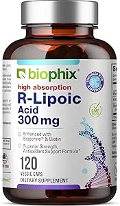 biophix R-Lipoic Acid 300 mg Stabilisé 120 capsules de Véggie - avec Biotine - Soutien antioxydant à haute puissance - Non-OGM - Sans gluten - favorise l'énergie