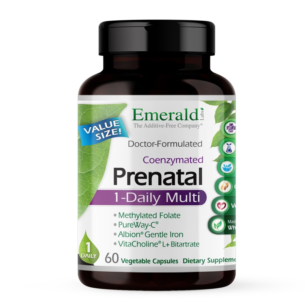 EMERALD LABS Prenatal 1-Daily Multi - Multivitamine prénatale avec folate méthylé, fer, mélange d'aliments entiers et plus - Sans soja, sans gluten - 60 capsules végétales