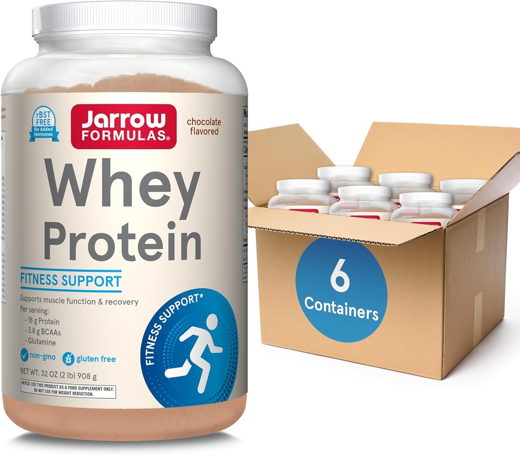 Formules de Jarrow Whey Protéine avec 18g de protéines, 3,8g de BCAAs, et glutamine, supplément alimentaire pour la fonction musculaire et le soutien de la récupération, 32oz chocolat aromatisé poudre, environ 35 jours d'approvisionnement, paquet de 6