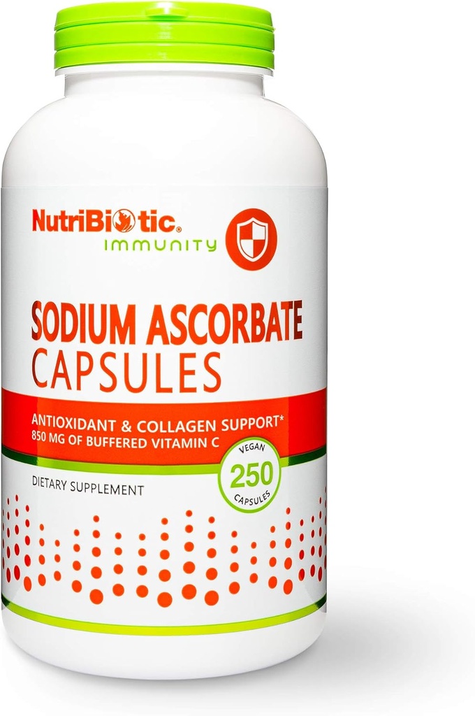 NutriBiotique - Capsules de vitamine C tamponnées d'ascorbate de sodium, 250 Ct, végane, non acide et plus facile à digérer que l'acide ascorbique
