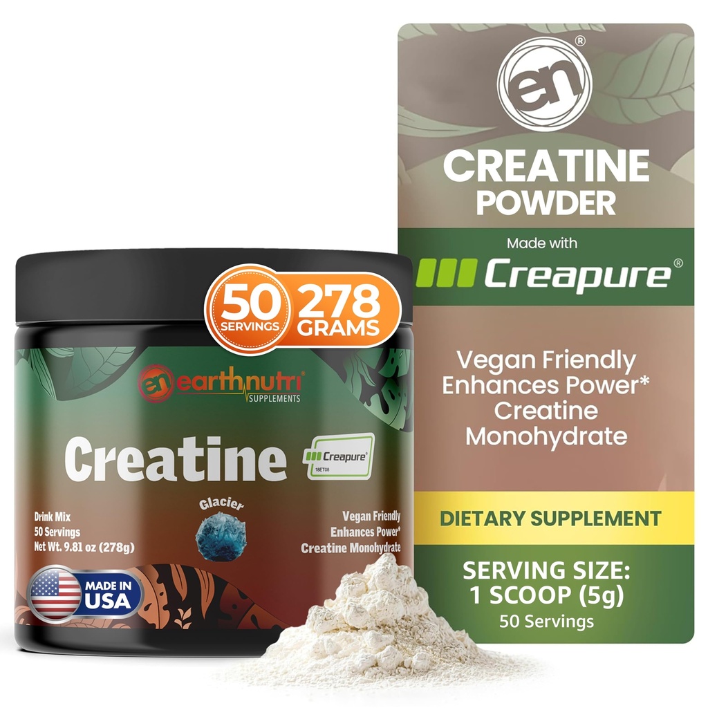 Poudre monohydratée EarthNutri Creatine - Supplément de créatine pur pour la force musculaire, la force et la performance - Non-OGM, sans sucre, sans additif – pour les hommes et les femmes, aromatisé 250g