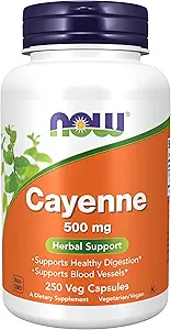 NOW Foods Supplements, Cayenne (Capsicum annuum) 500 mg, Herbal Support, for Digestive Health, 250 Veg Capsules