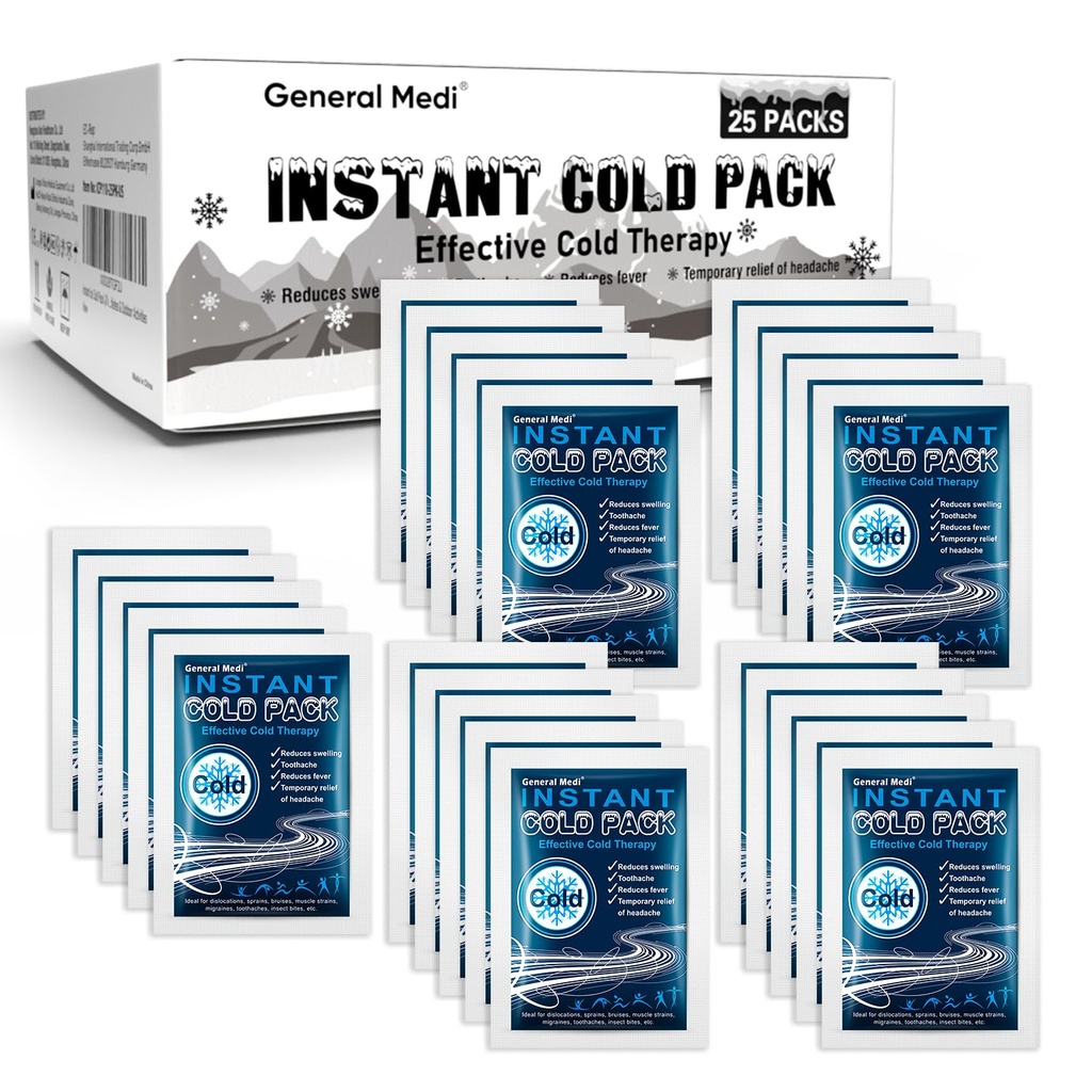 Instant Cold Pack (4 x 5.5 inches) – Set of 25 Disposable Cold Therapy Ice Packs for Pain Relief, Swelling, Inflammation, Sprains, Strained Muscles, Toothache