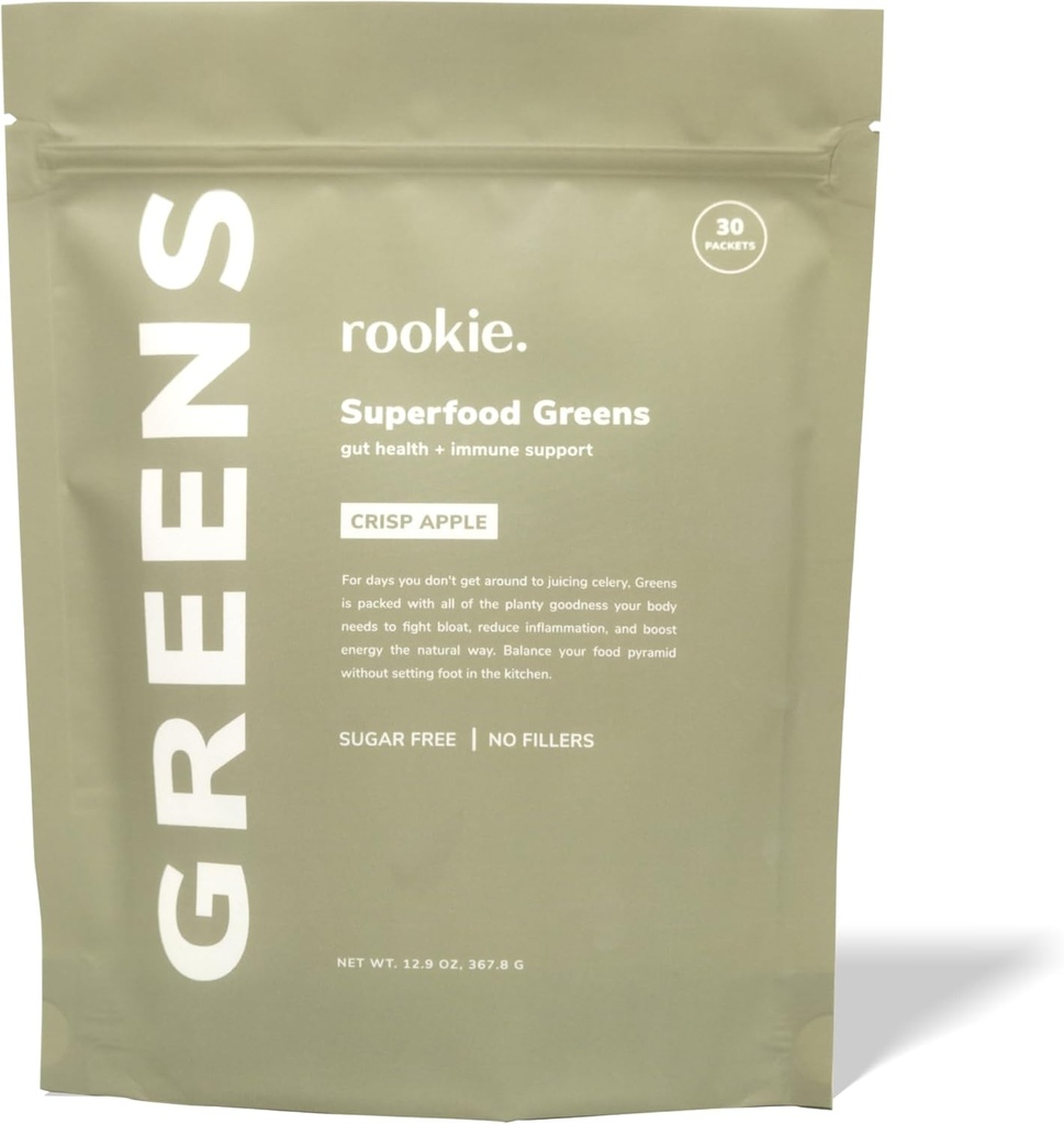 Rookie Wellness Greens + Superfoods - Greens Superfoods Powder Drink fait avec des ingrédients d'origine alimentaire entière contient des vitamines, des probiotiques, des antioxydants et de la fibre de Baobab (30 portions, pommes de Crisp)